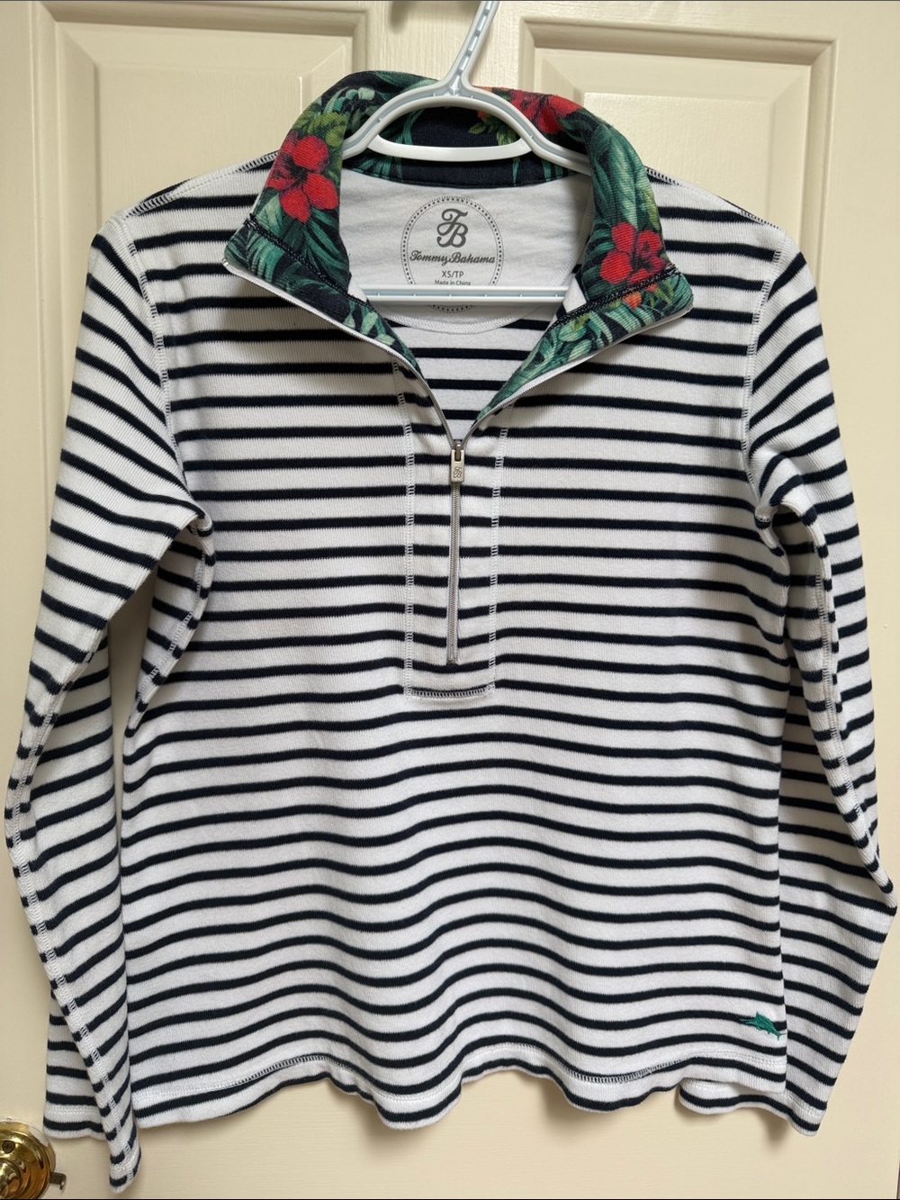 Tommy Bahama sz XS White navy striped half zip sweater - nautical & warm!